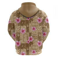 Beige Hawaii Hibiscus With Tropical Flowers Motifs Zip Hoodie - Polynesian Pride