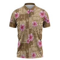 Beige Hawaii Hibiscus With Tropical Flowers Motifs Zipper Polo Shirt - Polynesian Pride