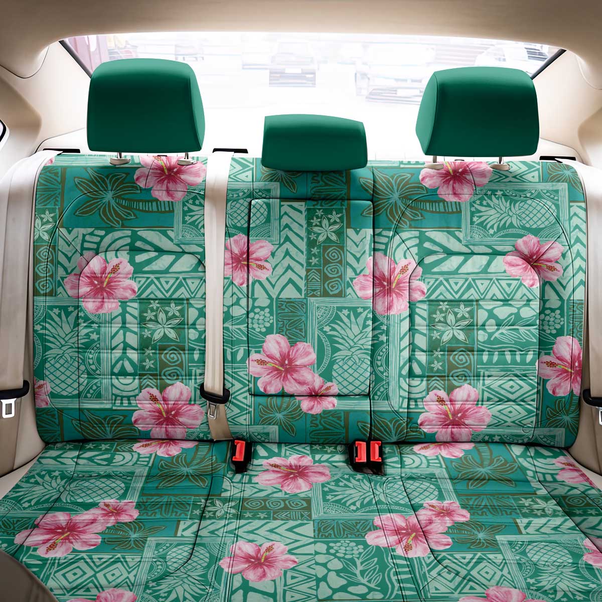 Cyan Hawaii Hibiscus With Tropical Flowers Motifs Back Car Seat Cover - Polynesian Pride