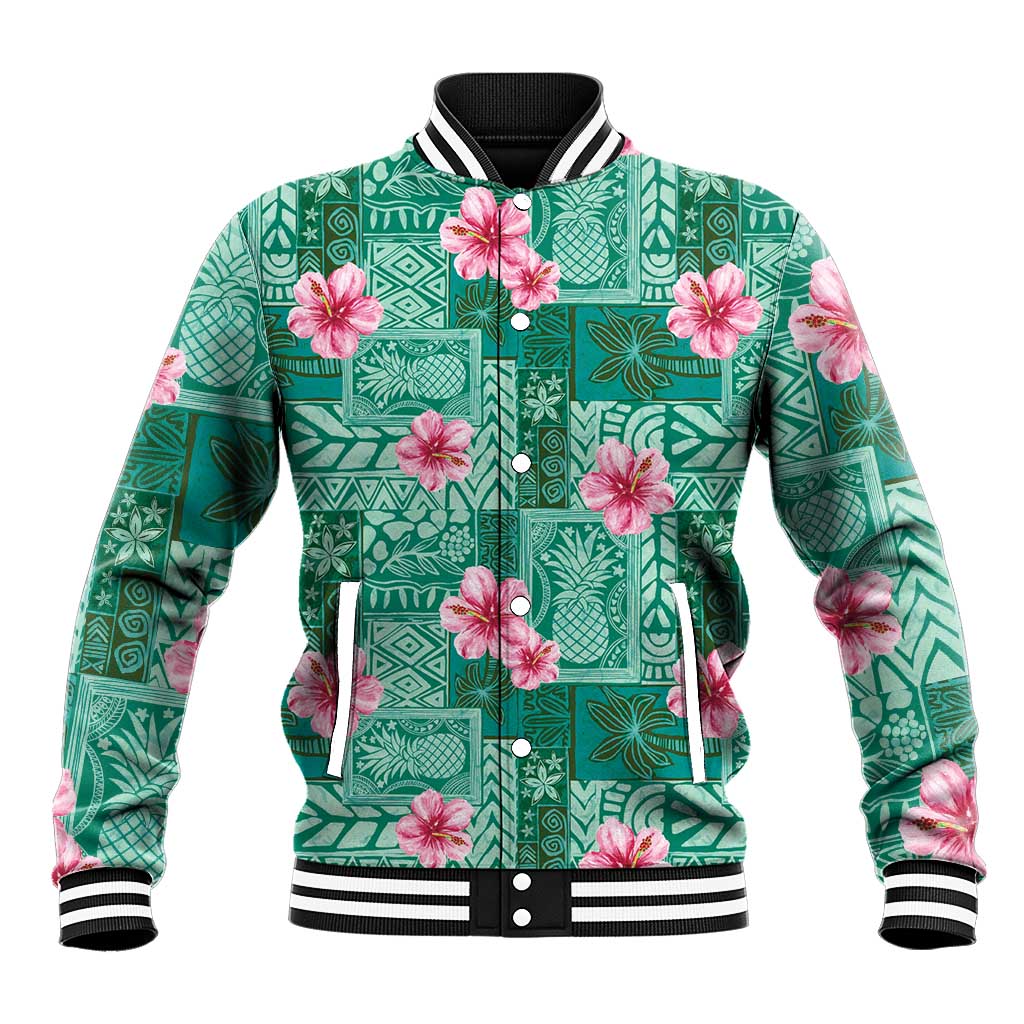 Cyan Hawaii Hibiscus With Tropical Flowers Motifs Baseball Jacket - Polynesian Pride