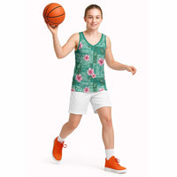 Cyan Hawaii Hibiscus With Tropical Flowers Motifs Basketball Jersey - Polynesian Pride