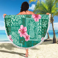 Cyan Hawaii Hibiscus With Tropical Flowers Motifs Beach Blanket - Polynesian Pride