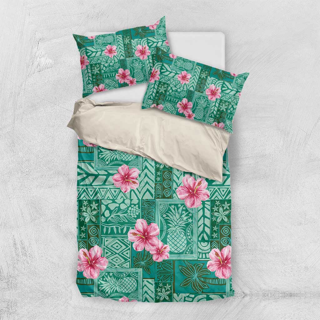 Cyan Hawaii Hibiscus With Tropical Flowers Motifs Bedding Set - Polynesian Pride