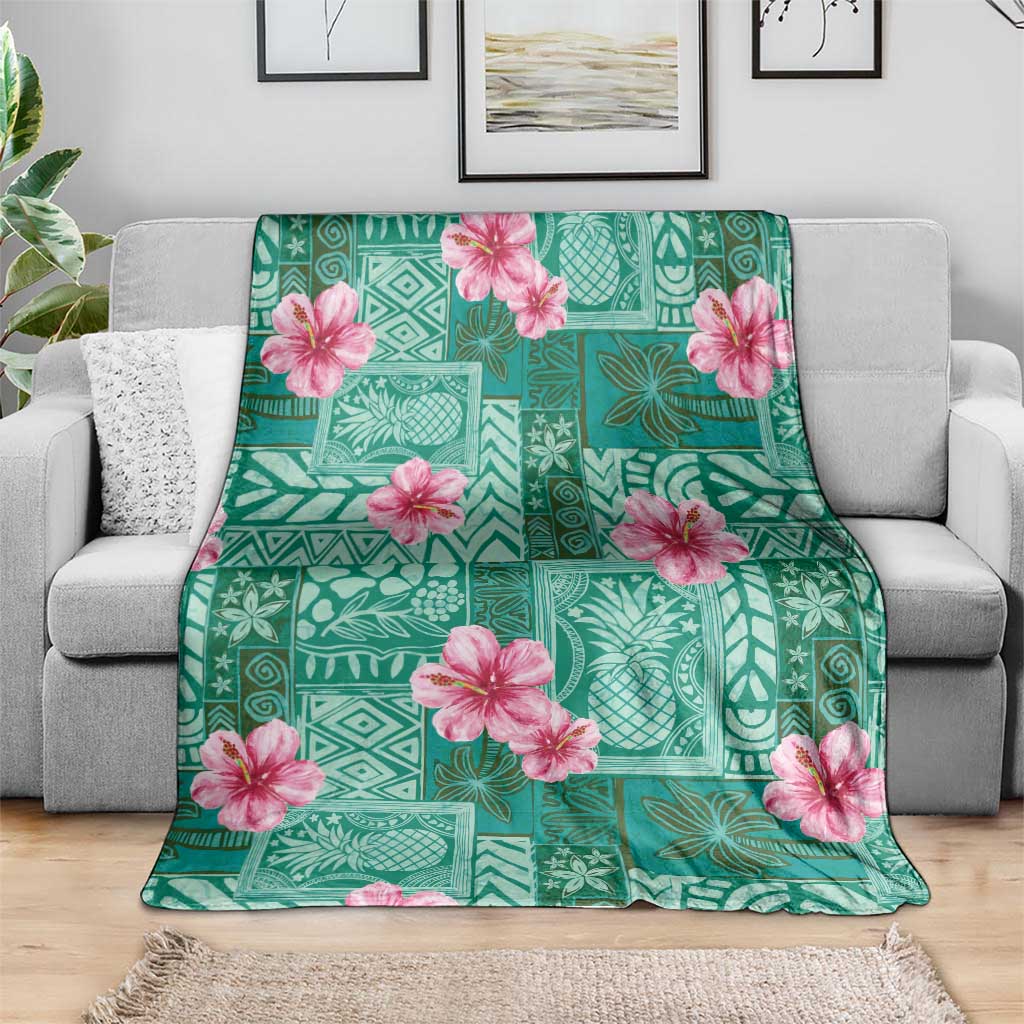 Cyan Hawaii Hibiscus With Tropical Flowers Motifs Blanket - Polynesian Pride