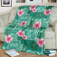Cyan Hawaii Hibiscus With Tropical Flowers Motifs Blanket - Polynesian Pride