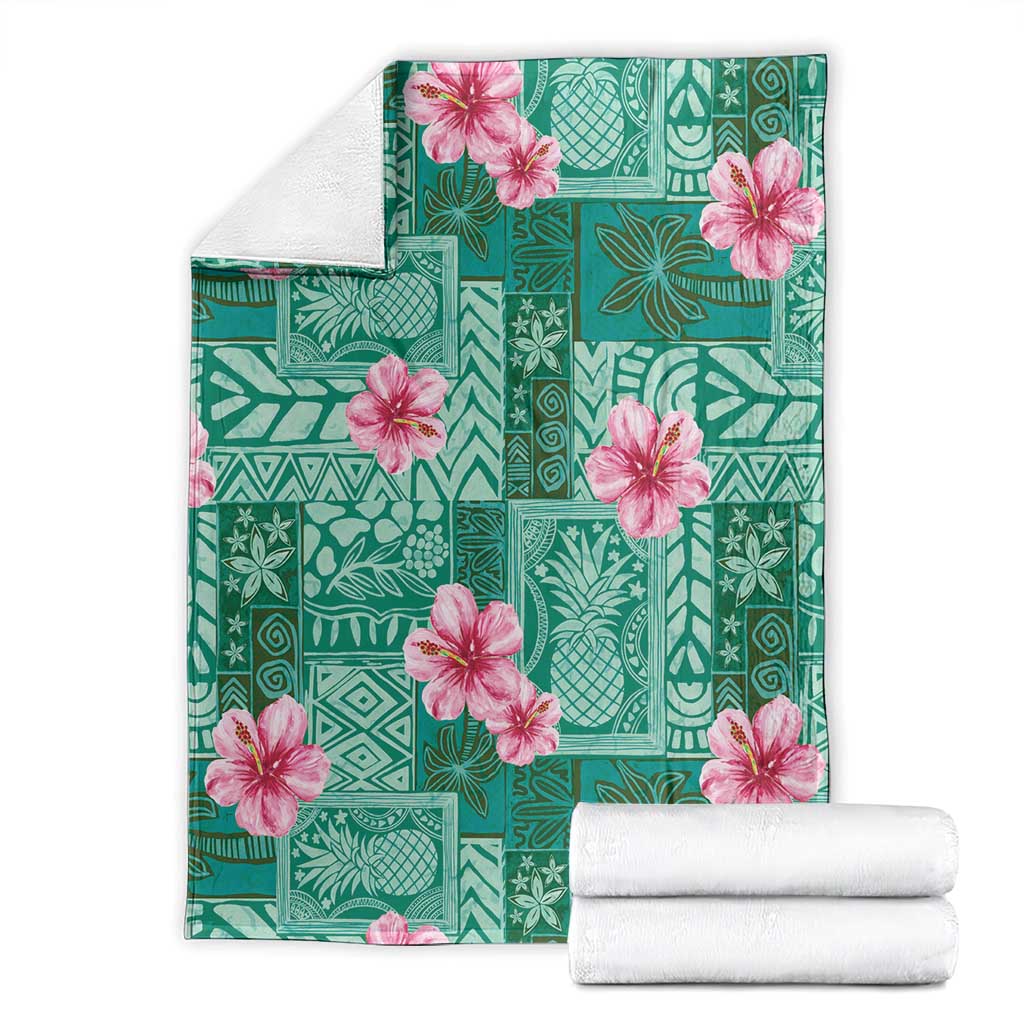Cyan Hawaii Hibiscus With Tropical Flowers Motifs Blanket - Polynesian Pride