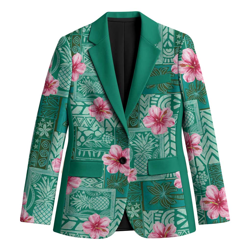 Cyan Hawaii Hibiscus With Tropical Flowers Motifs Blazer - Polynesian Pride