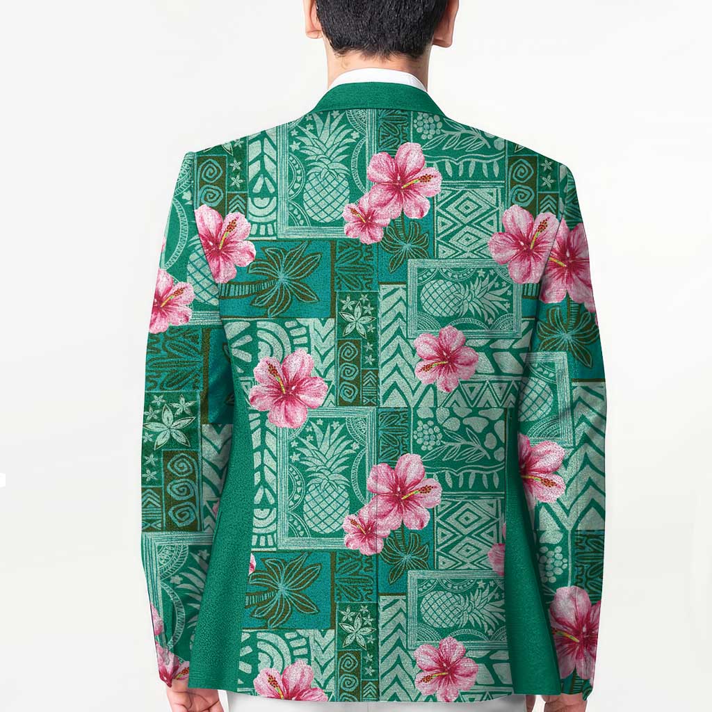 Cyan Hawaii Hibiscus With Tropical Flowers Motifs Blazer - Polynesian Pride