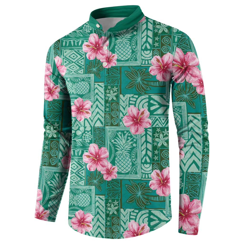 Cyan Hawaii Hibiscus With Tropical Flowers Motifs Button Sweatshirt - Polynesian Pride