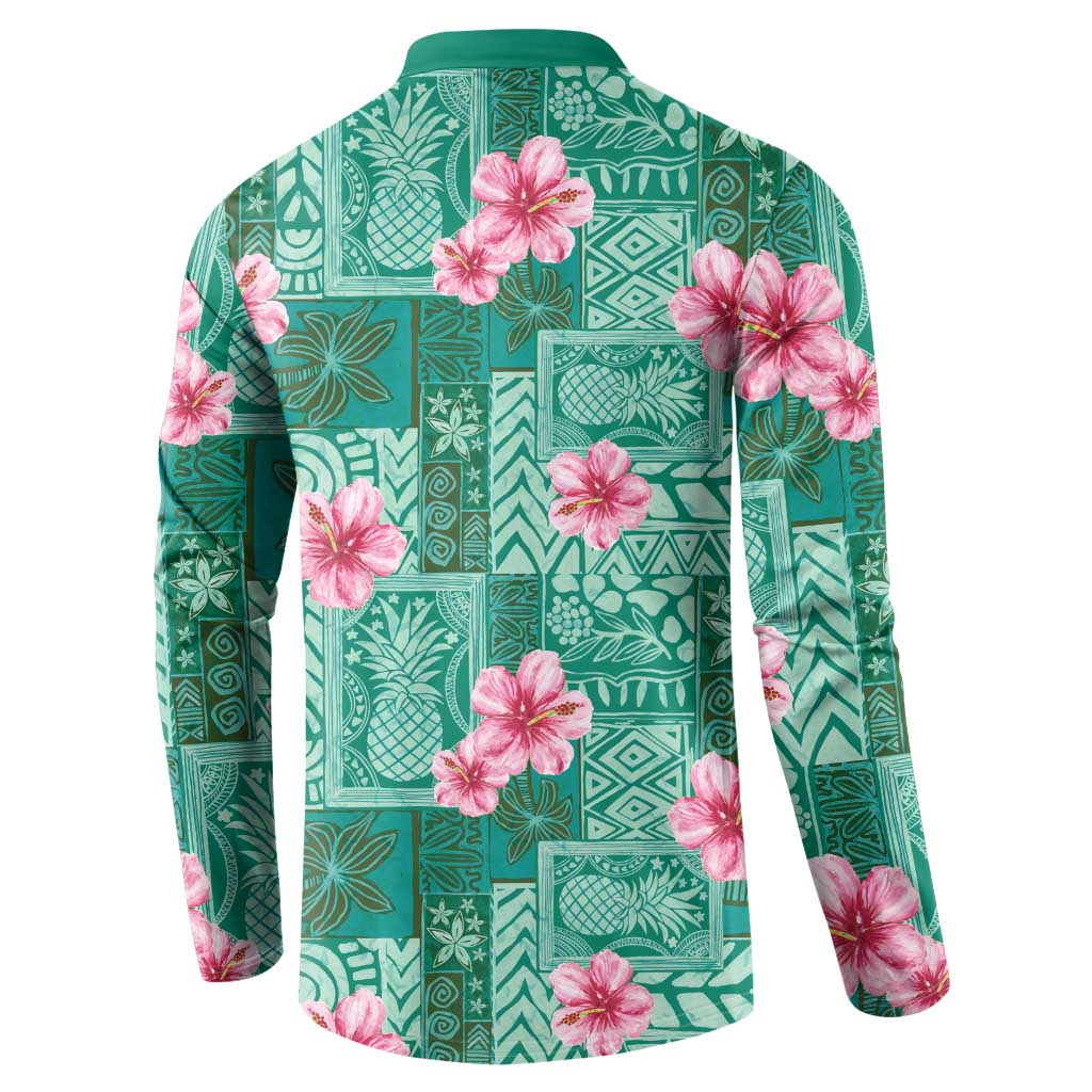 Cyan Hawaii Hibiscus With Tropical Flowers Motifs Button Sweatshirt - Polynesian Pride
