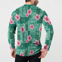 Cyan Hawaii Hibiscus With Tropical Flowers Motifs Button Sweatshirt - Polynesian Pride
