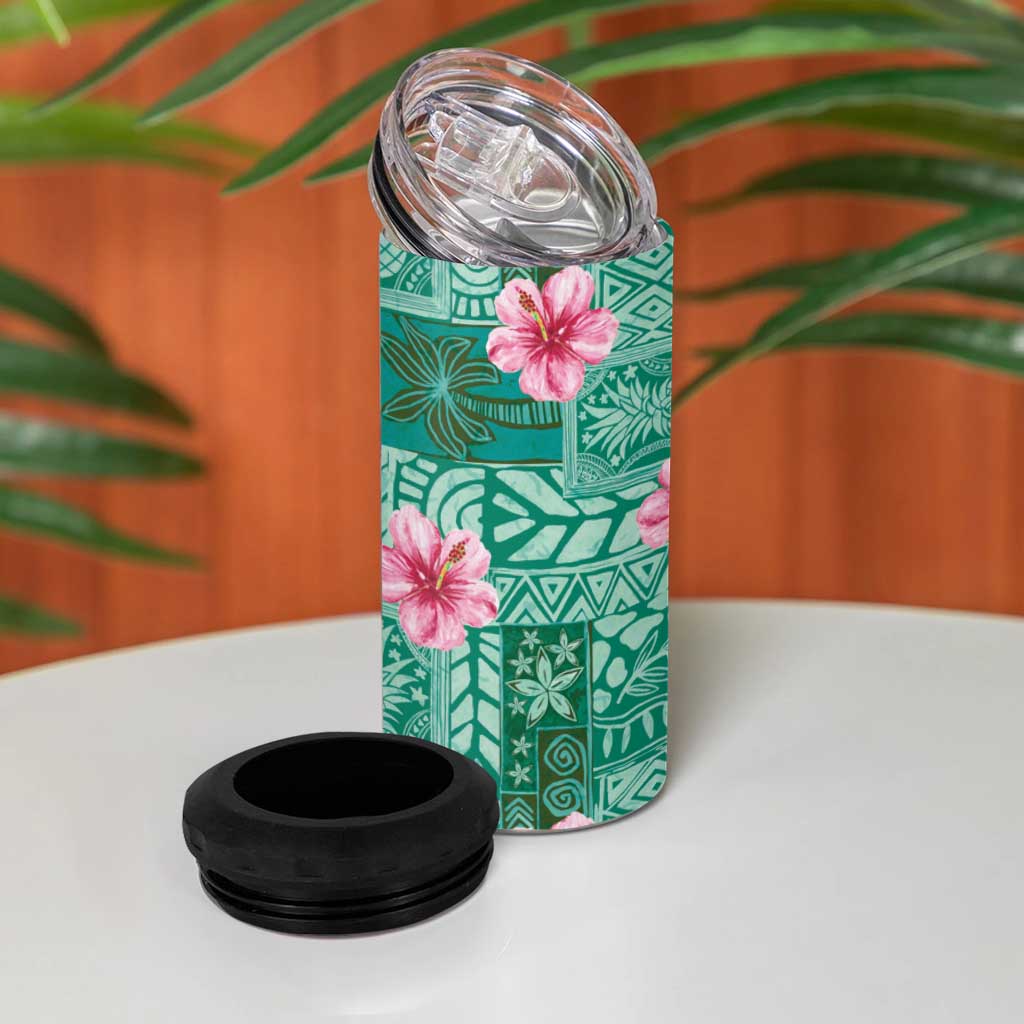 Cyan Hawaii Hibiscus With Tropical Flowers Motifs 4 in 1 Can Cooler Tumbler - Polynesian Pride