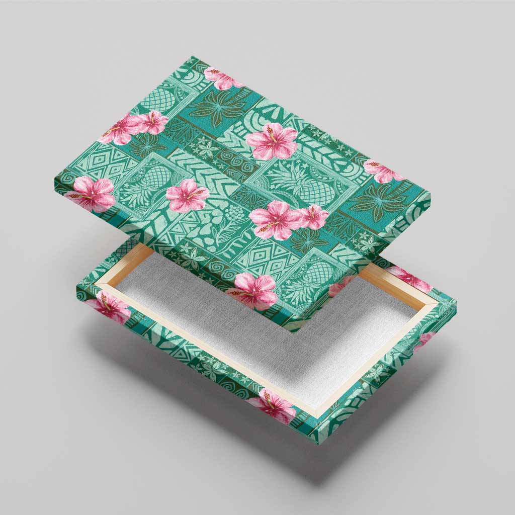 Cyan Hawaii Hibiscus With Tropical Flowers Motifs Canvas Wall Art - Polynesian Pride