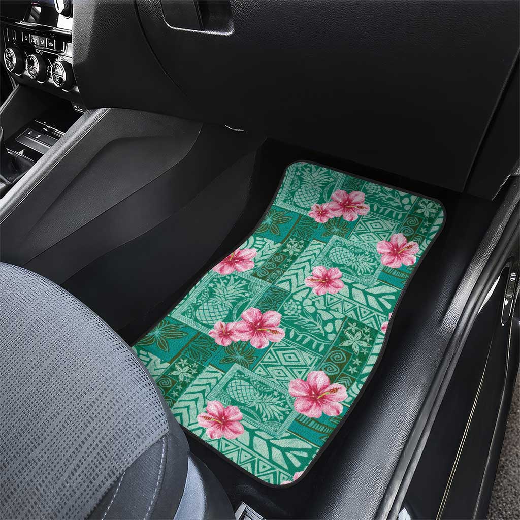 Cyan Hawaii Hibiscus With Tropical Flowers Motifs Car Mats - Polynesian Pride