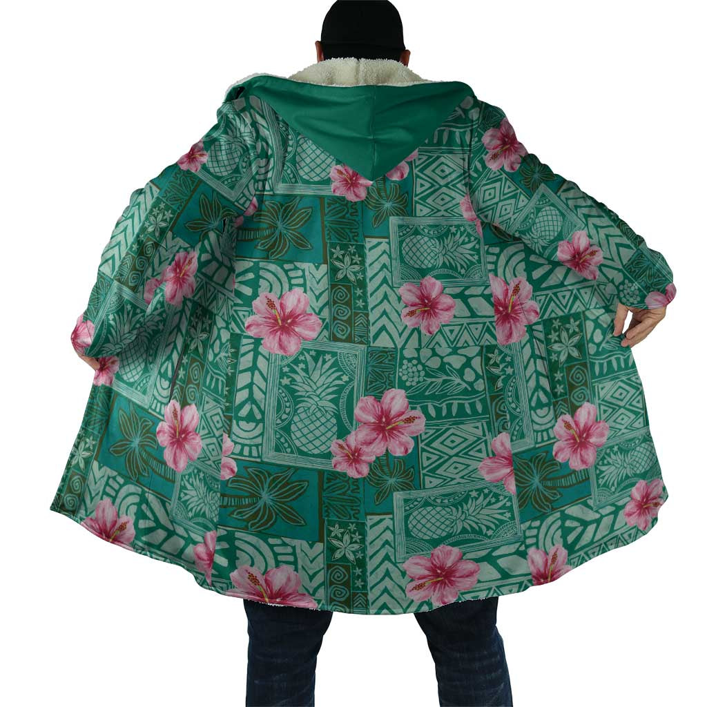 Cyan Hawaii Hibiscus With Tropical Flowers Motifs Cloak - Polynesian Pride