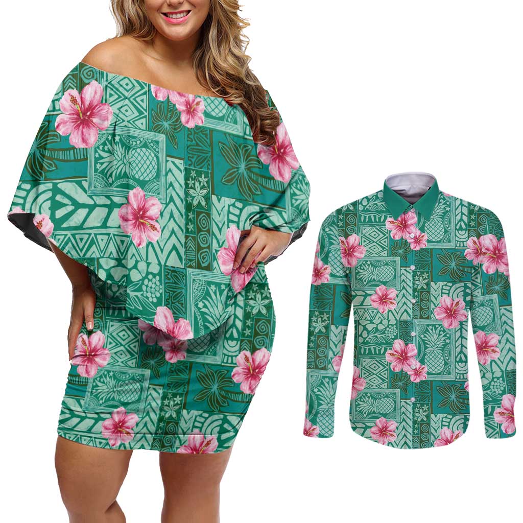 Cyan Hawaii Hibiscus With Tropical Flowers Motifs Couples Matching Off Shoulder Short Dress and Long Sleeve Button Shirt - Polynesian Pride
