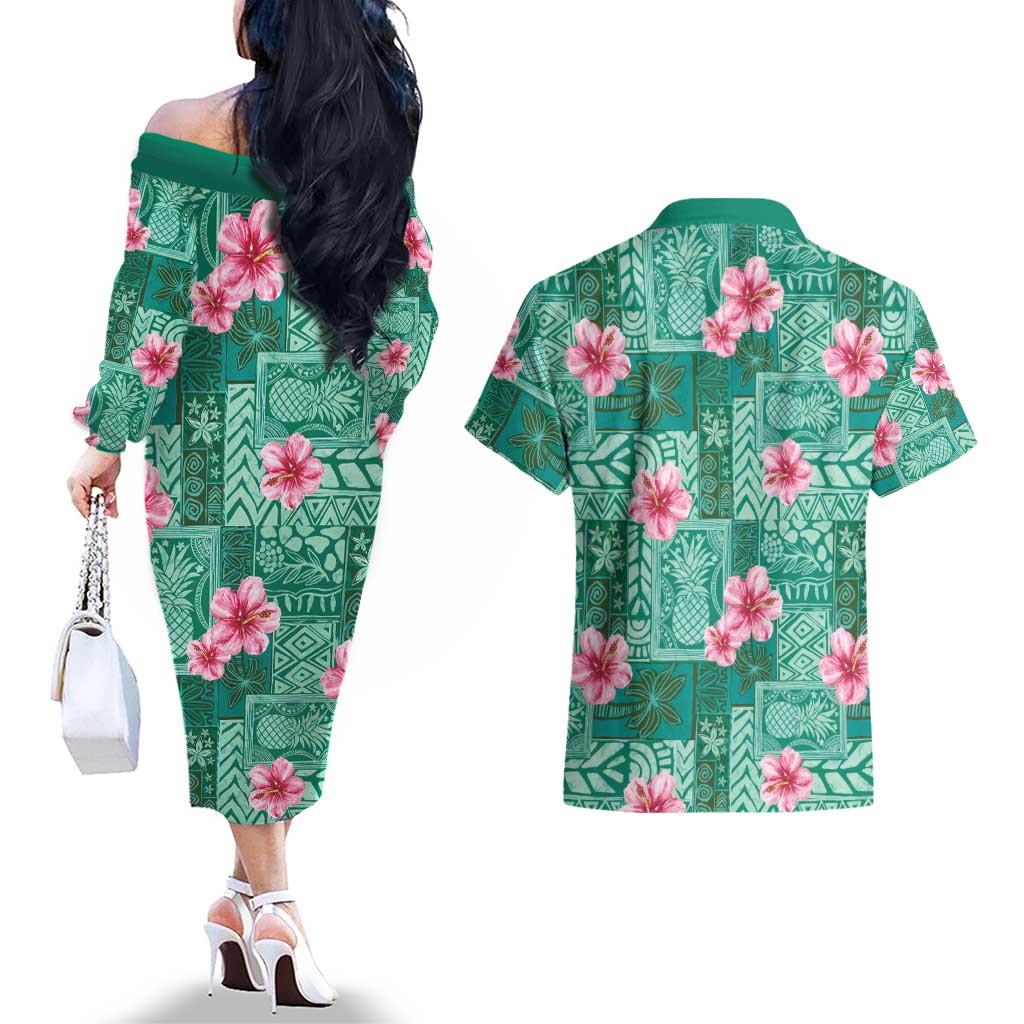Cyan Hawaii Hibiscus With Tropical Flowers Motifs Couples Matching Off The Shoulder Long Sleeve Dress and Hawaiian Shirt - Polynesian Pride