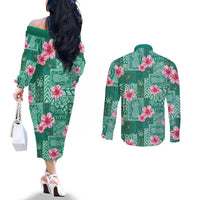 Cyan Hawaii Hibiscus With Tropical Flowers Motifs Couples Matching Off The Shoulder Long Sleeve Dress and Long Sleeve Button Shirt - Polynesian Pride