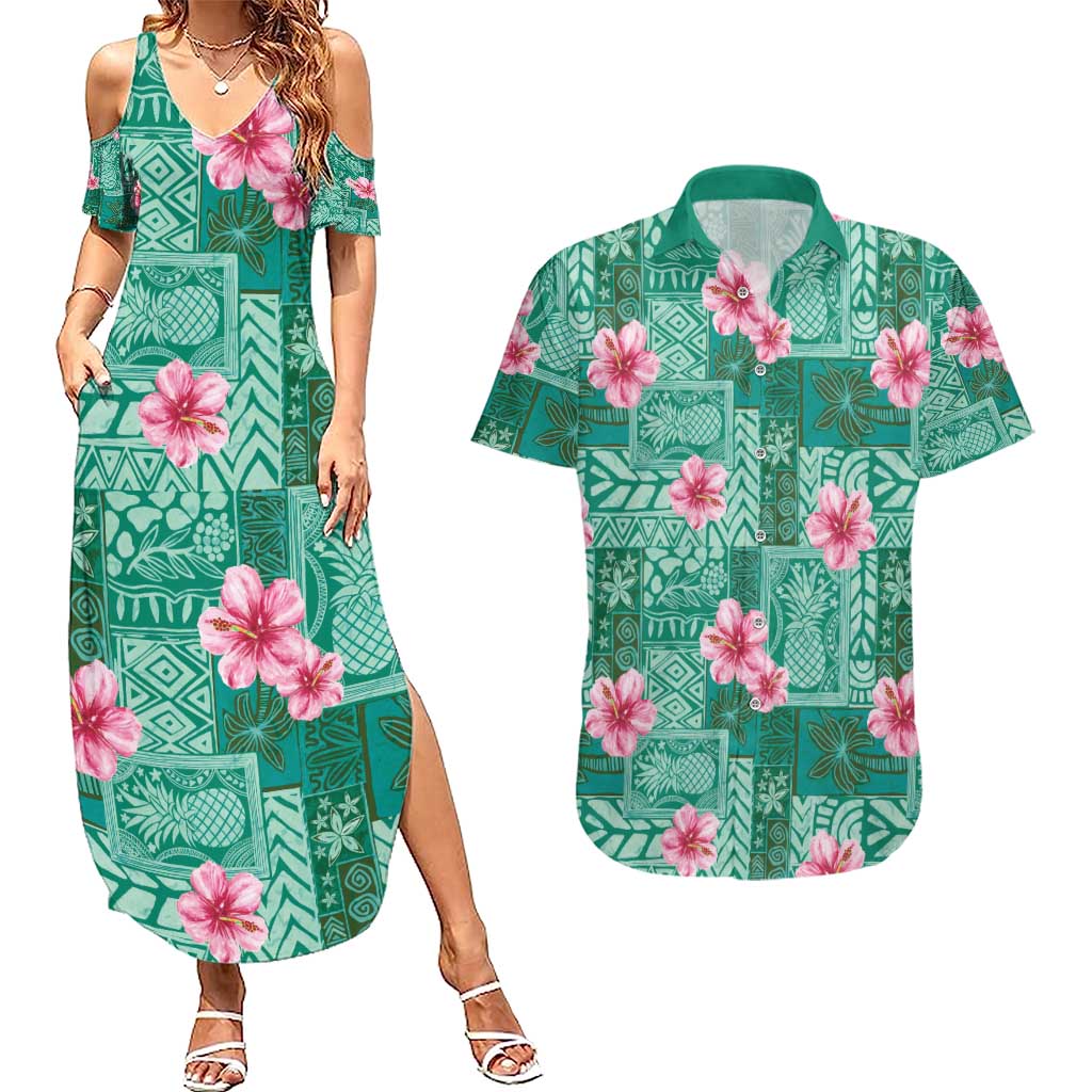 Cyan Hawaii Hibiscus With Tropical Flowers Motifs Couples Matching Summer Maxi Dress and Hawaiian Shirt - Polynesian Pride