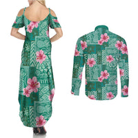 Cyan Hawaii Hibiscus With Tropical Flowers Motifs Couples Matching Summer Maxi Dress and Long Sleeve Button Shirt - Polynesian Pride