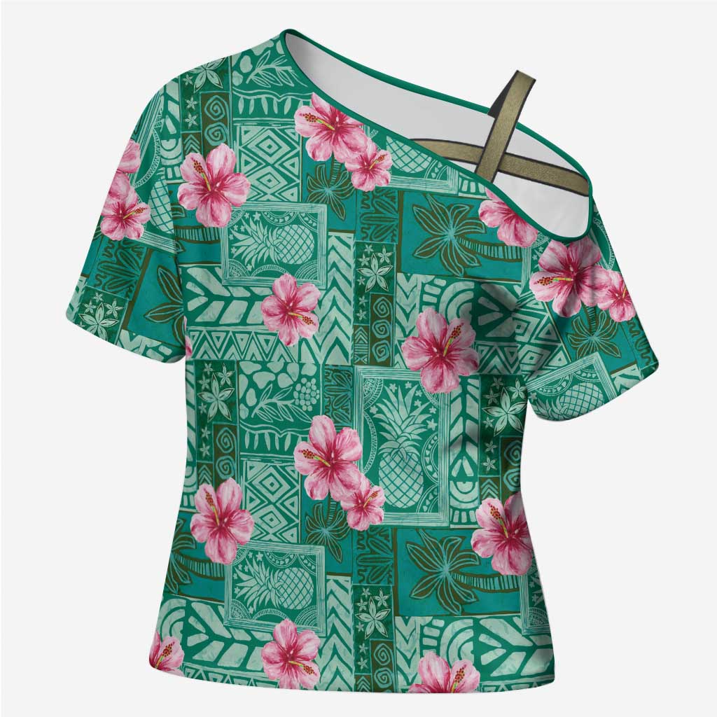 Cyan Hawaii Hibiscus With Tropical Flowers Motifs Cross Shoulder Shirt - Polynesian Pride