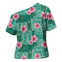 Cyan Hawaii Hibiscus With Tropical Flowers Motifs Cross Shoulder Shirt - Polynesian Pride