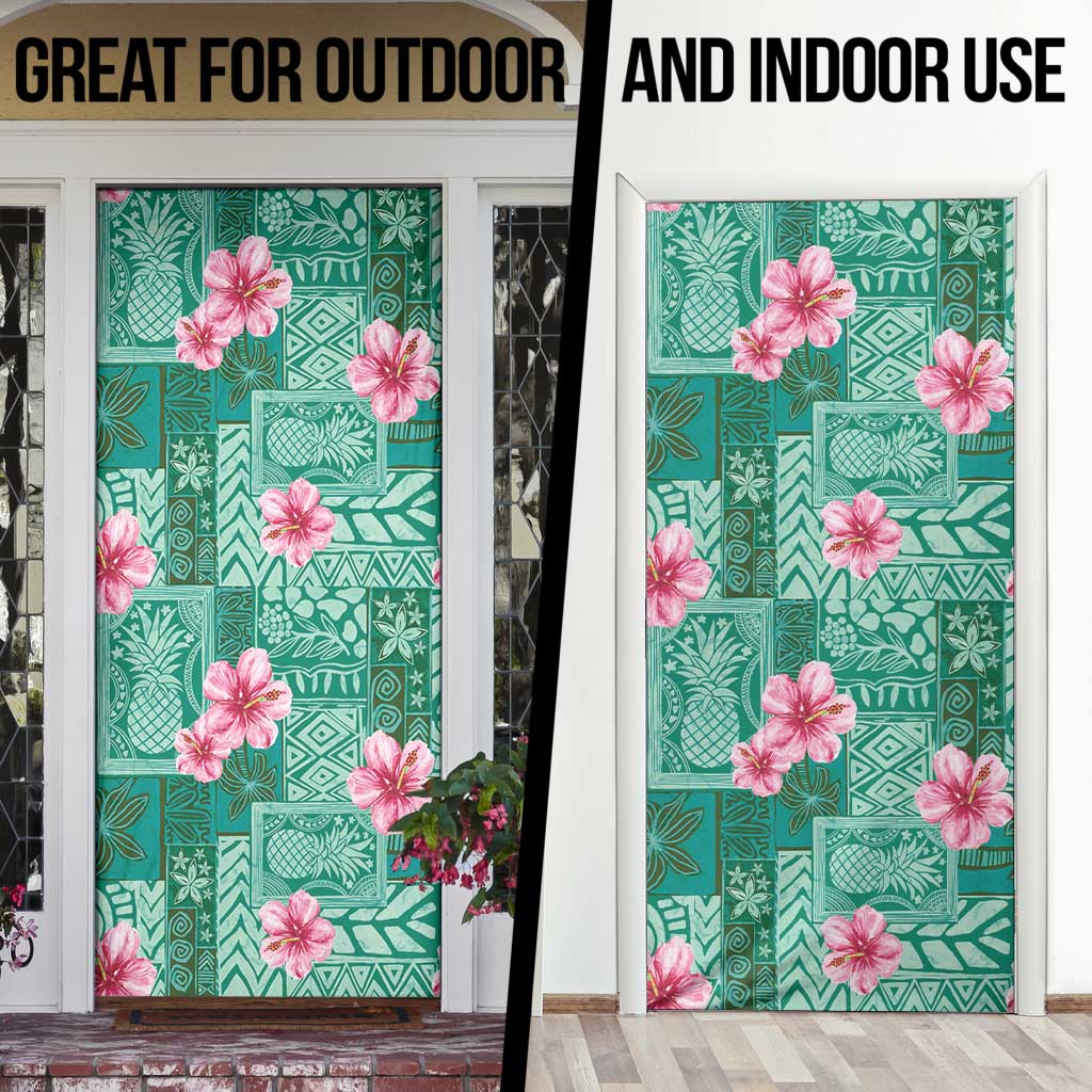 Cyan Hawaii Hibiscus With Tropical Flowers Motifs Door Cover - Polynesian Pride