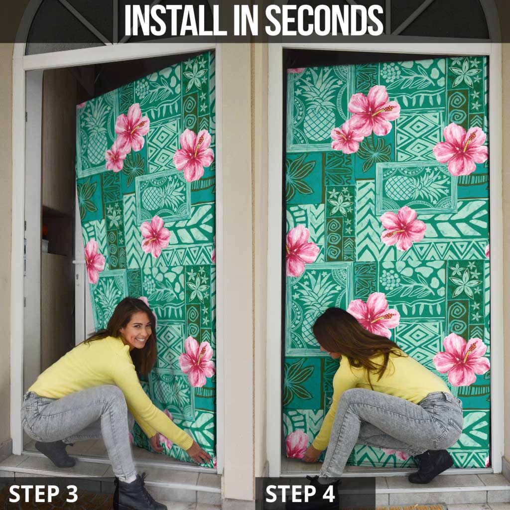 Cyan Hawaii Hibiscus With Tropical Flowers Motifs Door Cover - Polynesian Pride
