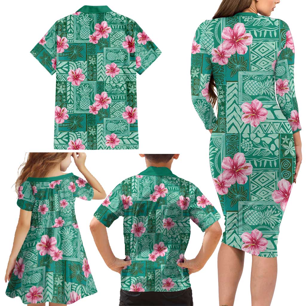 Cyan Hawaii Hibiscus With Tropical Flowers Motifs Family Matching Long Sleeve Bodycon Dress and Hawaiian Shirt - Polynesian Pride