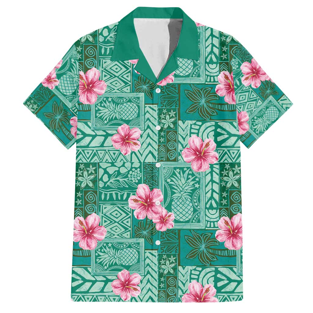 Cyan Hawaii Hibiscus With Tropical Flowers Motifs Family Matching Long Sleeve Bodycon Dress and Hawaiian Shirt - Polynesian Pride