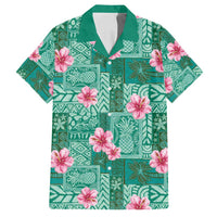 Cyan Hawaii Hibiscus With Tropical Flowers Motifs Family Matching Long Sleeve Bodycon Dress and Hawaiian Shirt - Polynesian Pride