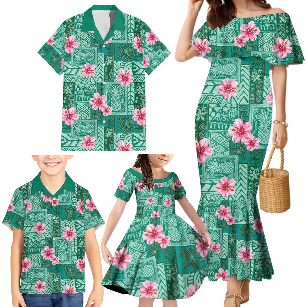 Cyan Hawaii Hibiscus With Tropical Flowers Motifs Family Matching Mermaid Dress and Hawaiian Shirt - Polynesian Pride