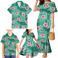 Cyan Hawaii Hibiscus With Tropical Flowers Motifs Family Matching Mermaid Dress and Hawaiian Shirt - Polynesian Pride