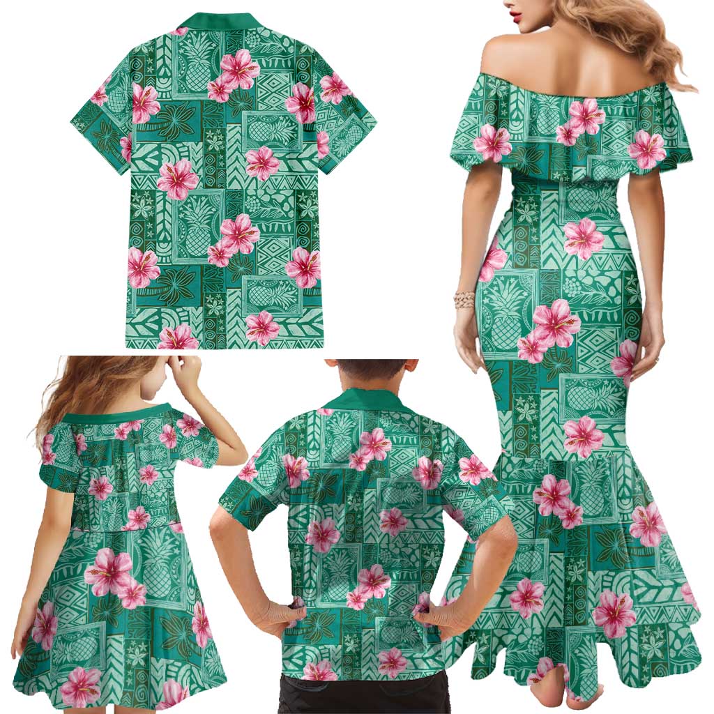 Cyan Hawaii Hibiscus With Tropical Flowers Motifs Family Matching Mermaid Dress and Hawaiian Shirt - Polynesian Pride