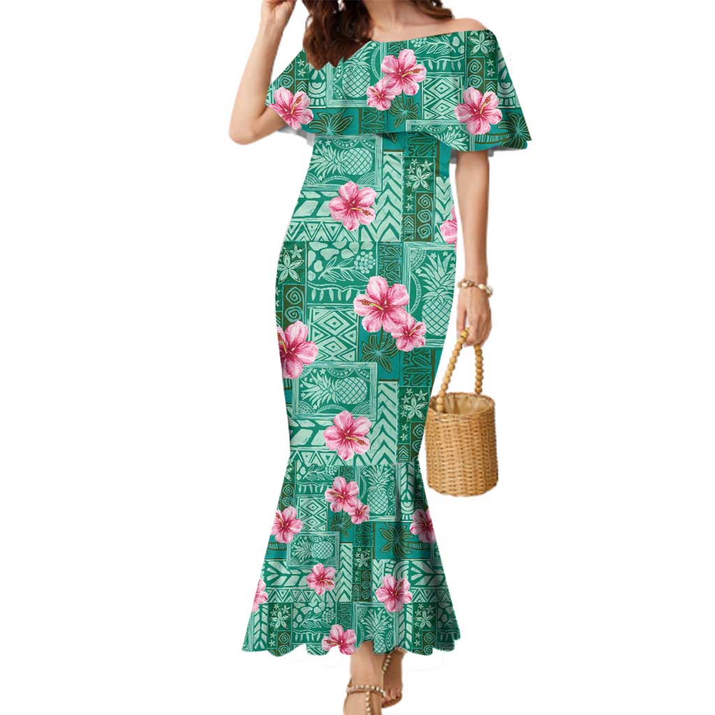 Cyan Hawaii Hibiscus With Tropical Flowers Motifs Family Matching Mermaid Dress and Hawaiian Shirt - Polynesian Pride