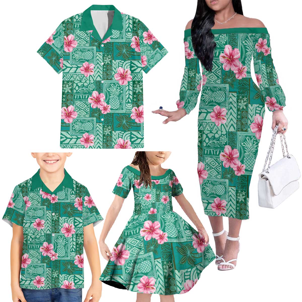 Cyan Hawaii Hibiscus With Tropical Flowers Motifs Family Matching Off The Shoulder Long Sleeve Dress and Hawaiian Shirt - Polynesian Pride