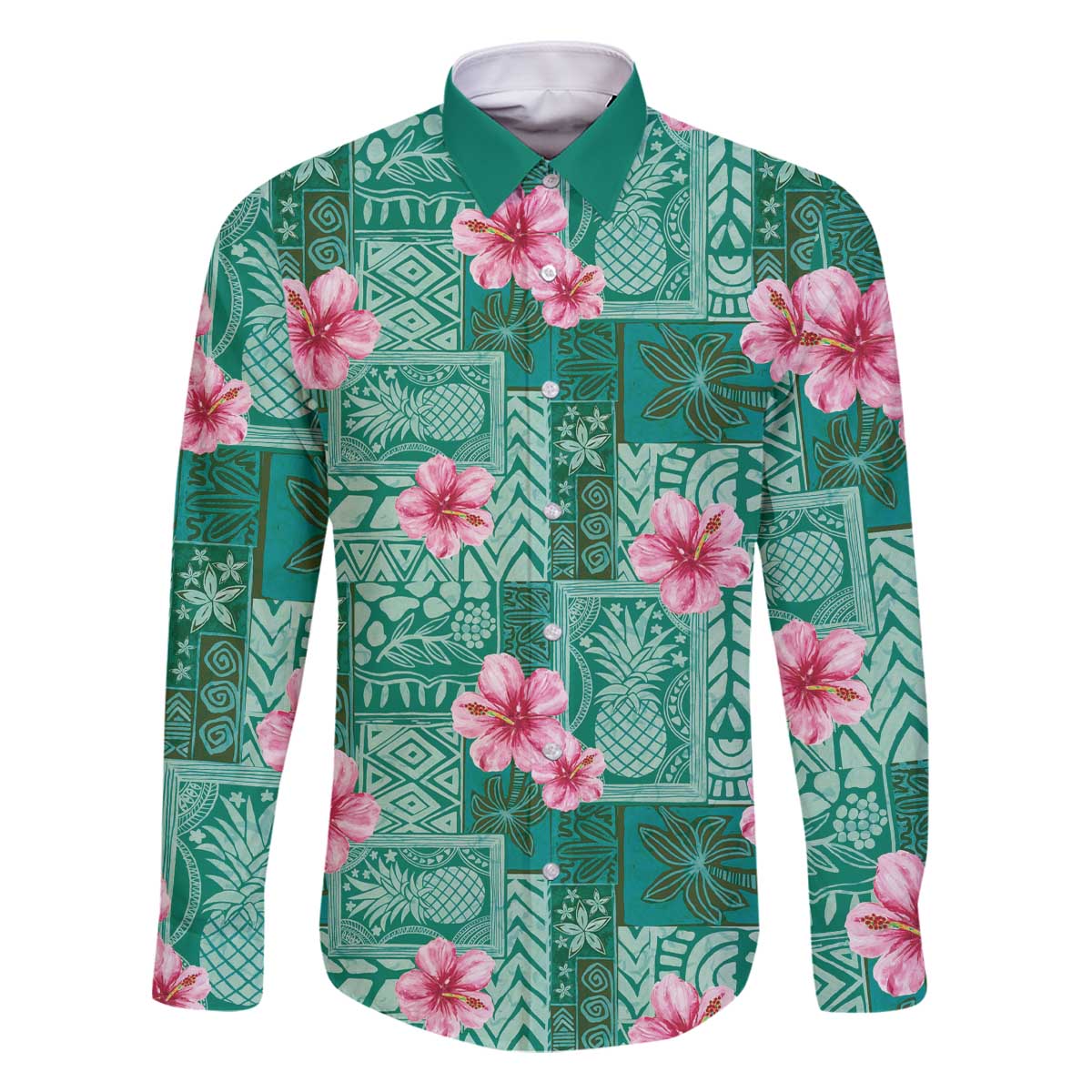 Cyan Hawaii Hibiscus With Tropical Flowers Motifs Family Matching Off The Shoulder Long Sleeve Dress and Hawaiian Shirt - Polynesian Pride