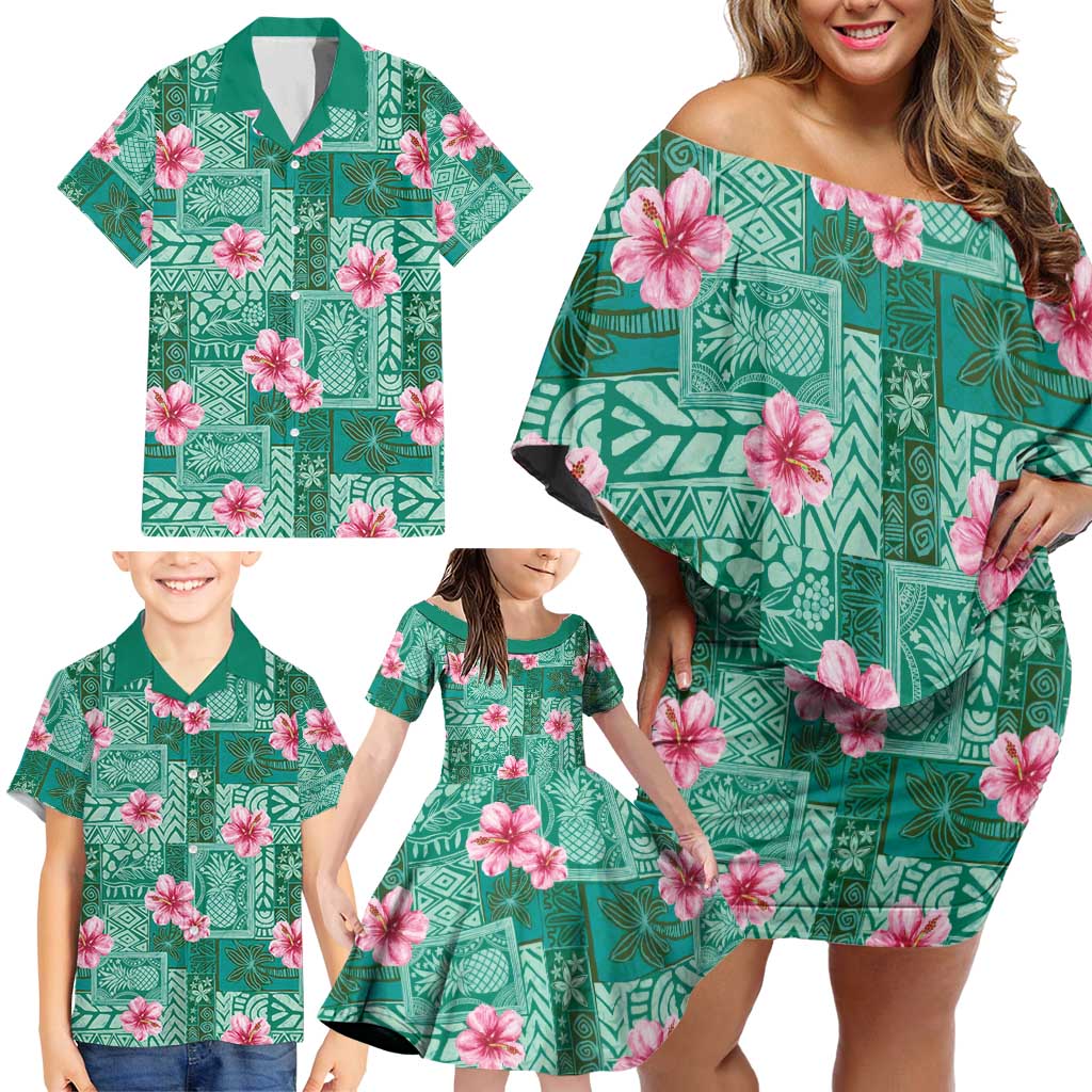 Cyan Hawaii Hibiscus With Tropical Flowers Motifs Family Matching Off Shoulder Short Dress and Hawaiian Shirt - Polynesian Pride