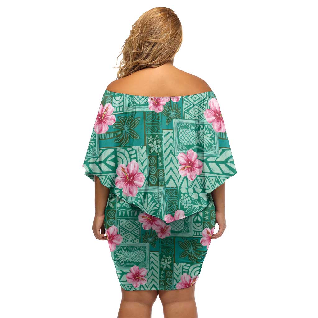 Cyan Hawaii Hibiscus With Tropical Flowers Motifs Family Matching Off Shoulder Short Dress and Hawaiian Shirt - Polynesian Pride