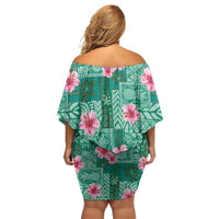 Cyan Hawaii Hibiscus With Tropical Flowers Motifs Family Matching Off Shoulder Short Dress and Hawaiian Shirt - Polynesian Pride