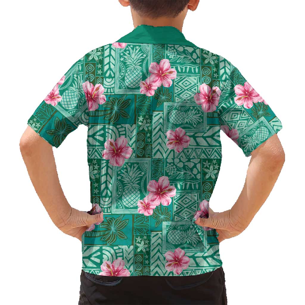 Cyan Hawaii Hibiscus With Tropical Flowers Motifs Family Matching Puletasi and Hawaiian Shirt - Polynesian Pride