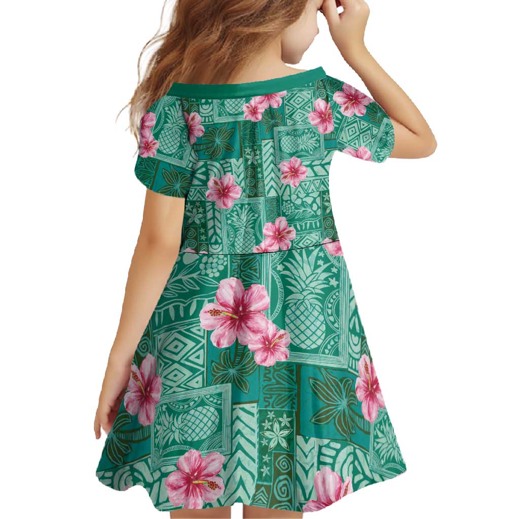 Cyan Hawaii Hibiscus With Tropical Flowers Motifs Family Matching Short Sleeve Bodycon Dress and Hawaiian Shirt - Polynesian Pride