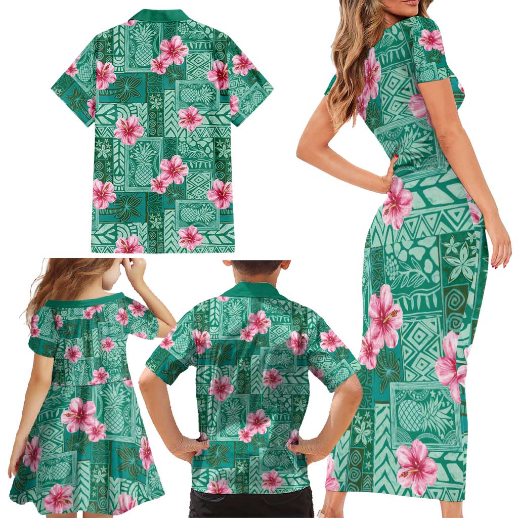 Cyan Hawaii Hibiscus With Tropical Flowers Motifs Family Matching Short Sleeve Bodycon Dress and Hawaiian Shirt - Polynesian Pride