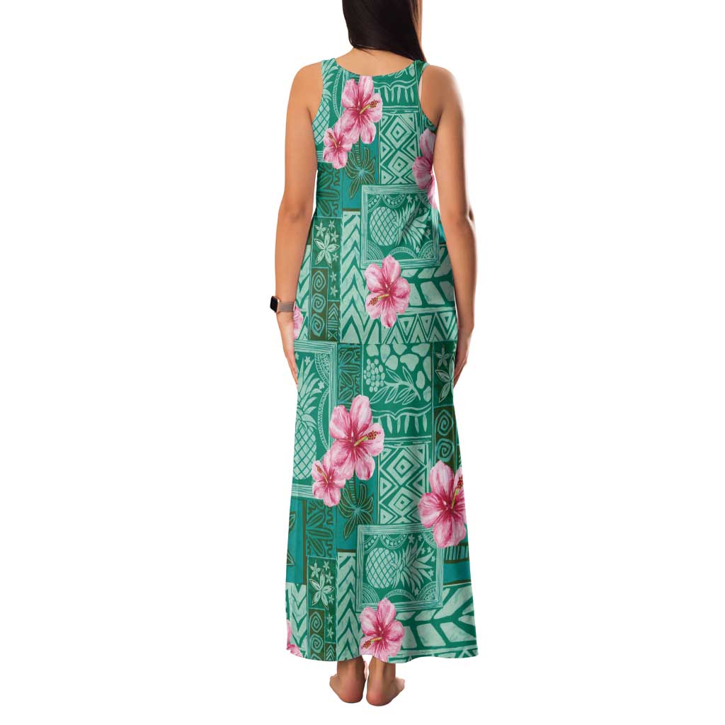 Cyan Hawaii Hibiscus With Tropical Flowers Motifs Family Matching Tank Maxi Dress and Hawaiian Shirt - Polynesian Pride