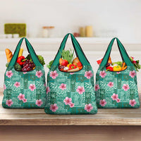 Cyan Hawaii Hibiscus With Tropical Flowers Motifs Grocery Bag - Polynesian Pride