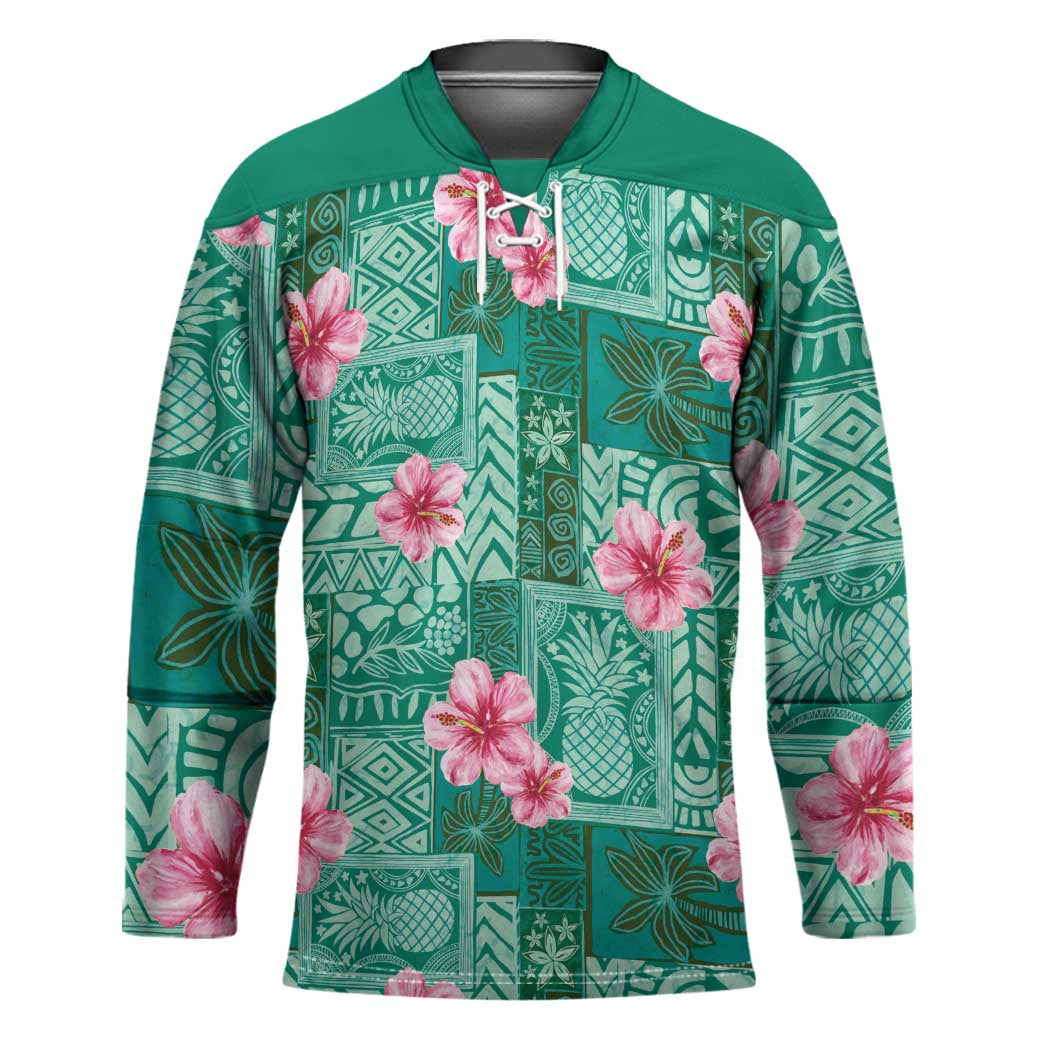 Cyan Hawaii Hibiscus With Tropical Flowers Motifs Hockey Jersey - Polynesian Pride
