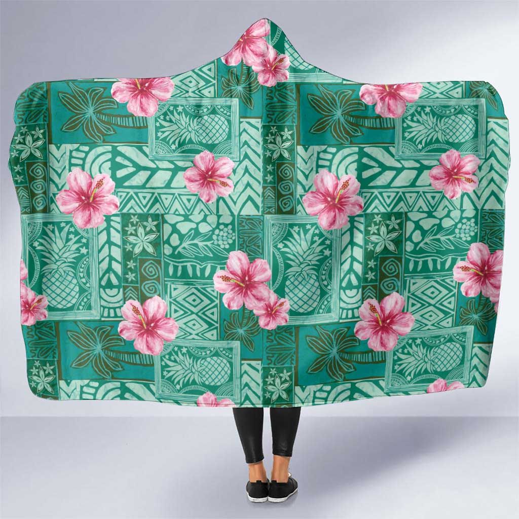 Cyan Hawaii Hibiscus With Tropical Flowers Motifs Hooded Blanket LT14 One Size Cyan - Polynesian Pride