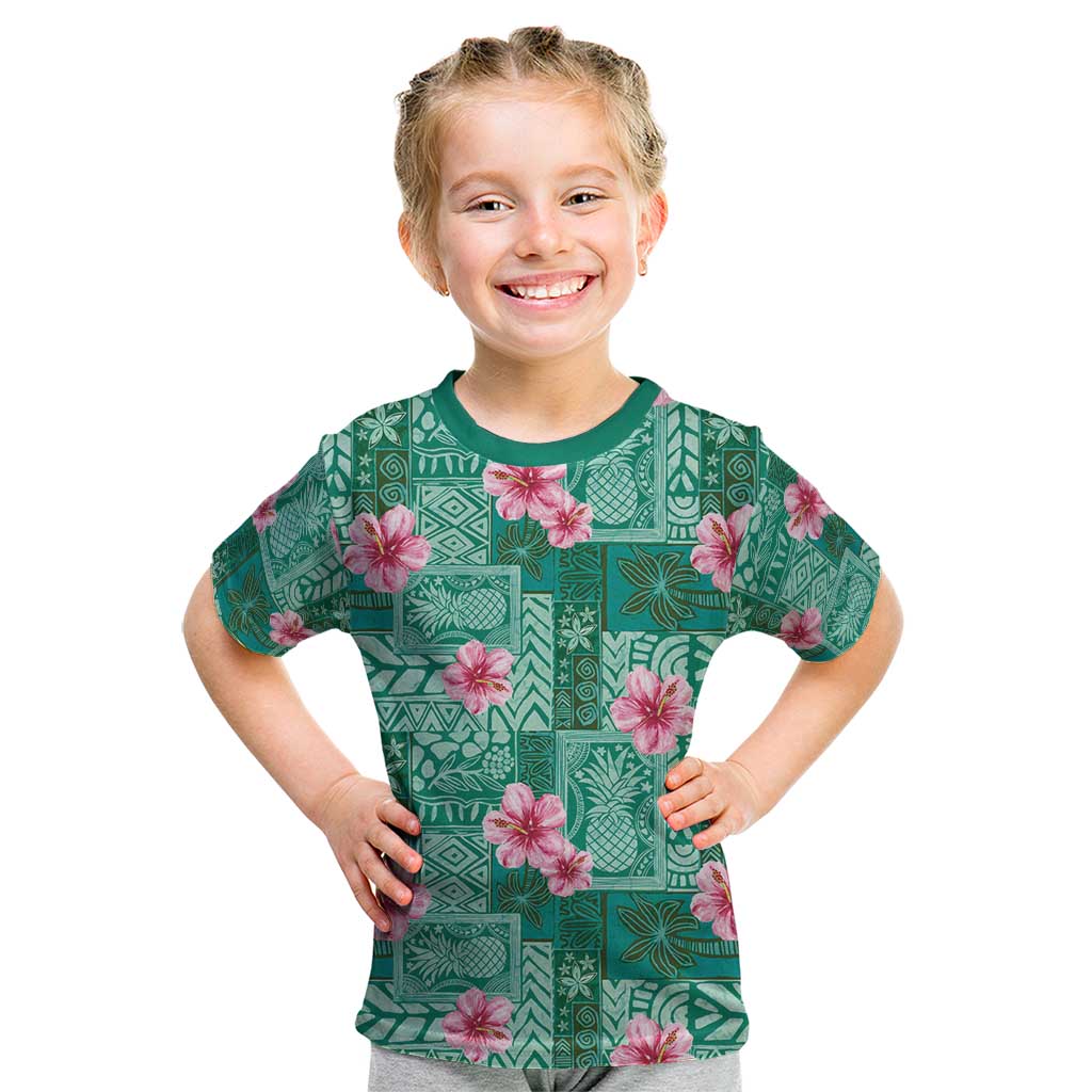 Cyan Hawaii Hibiscus With Tropical Flowers Motifs Kid T Shirt LT14 Cyan - Polynesian Pride