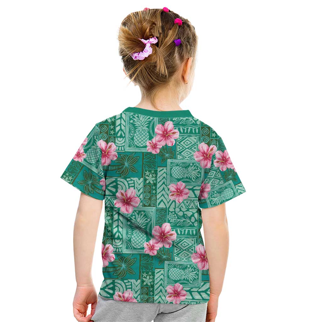 Cyan Hawaii Hibiscus With Tropical Flowers Motifs Kid T Shirt LT14 - Polynesian Pride