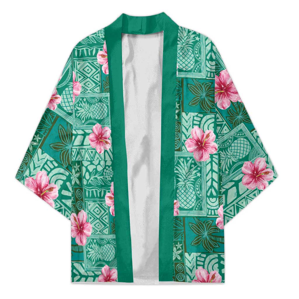 Cyan Hawaii Hibiscus With Tropical Flowers Motifs Kimono - Polynesian Pride